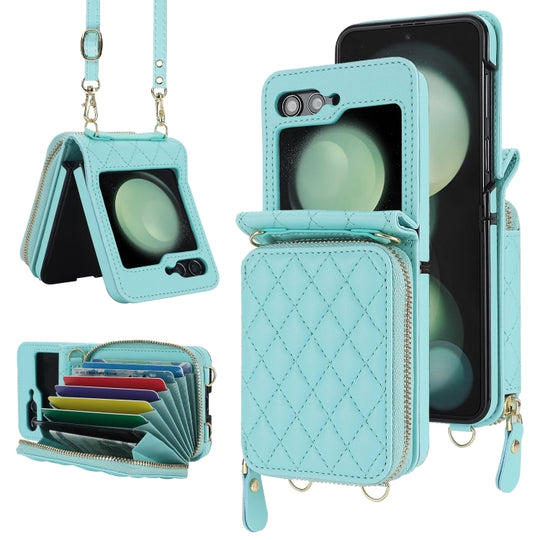 For Samsung Galaxy Z Flip6 / Flip7 FE Rhombic Texture Card Bag Phone Case with Dual Lanyard(Green)