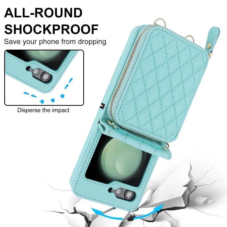 For Samsung Galaxy Z Flip6 Rhombic Texture Card Bag Phone Case with Dual Lanyard(Green) - Galaxy Z Flip6 5G Cases by buy2fix | Online Shopping UK | buy2fix