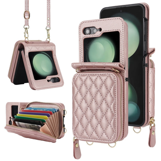 For Samsung Galaxy Z Flip6 / Flip7 FE Rhombic Texture Card Bag Phone Case with Dual Lanyard(Rose Gold)