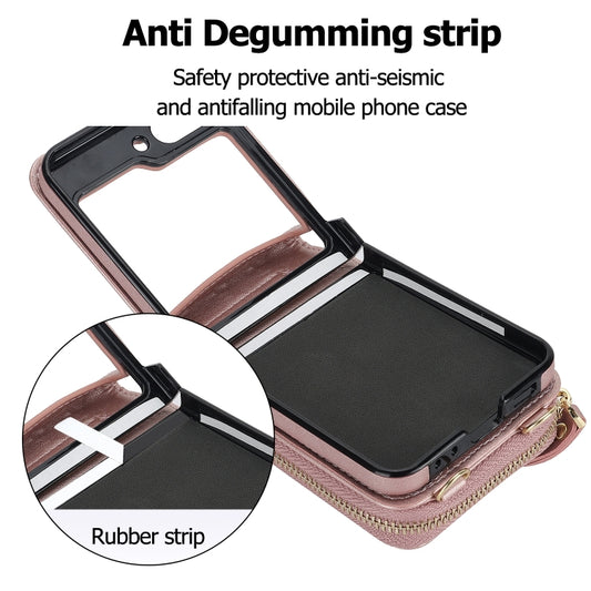 For Samsung Galaxy Z Flip6 Rhombic Texture Card Bag Phone Case with Dual Lanyard(Rose Gold) - Galaxy Z Flip6 5G Cases by buy2fix | Online Shopping UK | buy2fix
