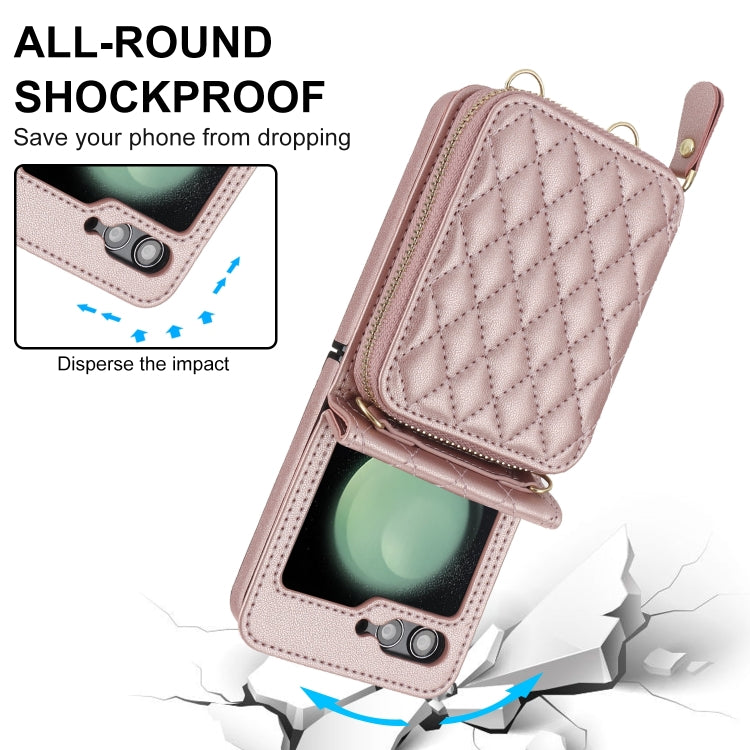 For Samsung Galaxy Z Flip6 Rhombic Texture Card Bag Phone Case with Dual Lanyard(Rose Gold) - Galaxy Z Flip6 5G Cases by buy2fix | Online Shopping UK | buy2fix