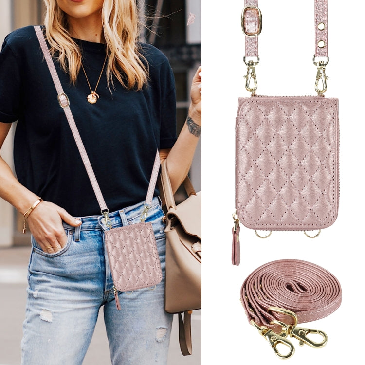 For Samsung Galaxy Z Flip6 Rhombic Texture Card Bag Phone Case with Dual Lanyard(Rose Gold) - Galaxy Z Flip6 5G Cases by buy2fix | Online Shopping UK | buy2fix