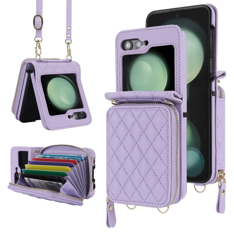 For Samsung Galaxy Z Flip6 / Flip7 FE Rhombic Texture Card Bag Phone Case with Dual Lanyard(Purple) - Galaxy Z Flip6 5G Cases by buy2fix | Online Shopping UK | buy2fix