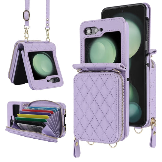 For Samsung Galaxy Z Flip6 / Flip7 FE Rhombic Texture Card Bag Phone Case with Dual Lanyard(Purple)