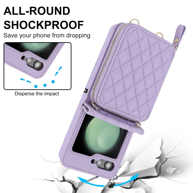 For Samsung Galaxy Z Flip6 / Flip7 FE Rhombic Texture Card Bag Phone Case with Dual Lanyard(Purple) - Galaxy Z Flip6 5G Cases by buy2fix | Online Shopping UK | buy2fix
