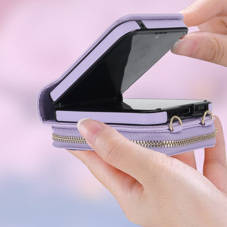 For Samsung Galaxy Z Flip6 / Flip7 FE Rhombic Texture Card Bag Phone Case with Dual Lanyard(Purple) - Galaxy Z Flip6 5G Cases by buy2fix | Online Shopping UK | buy2fix