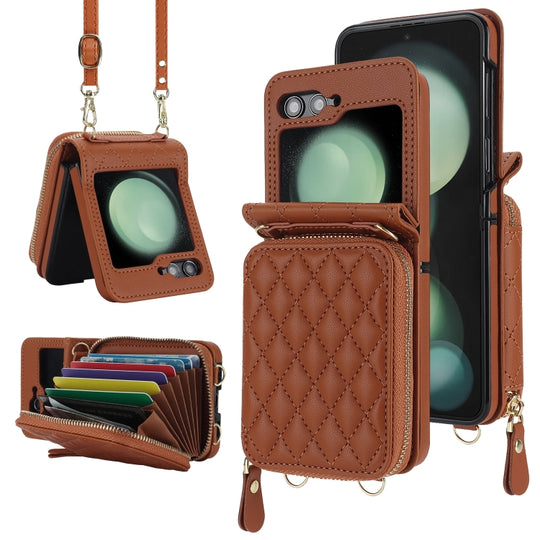 For Samsung Galaxy Z Flip6 / Flip7 FE Rhombic Texture Card Bag Phone Case with Dual Lanyard(Brown)