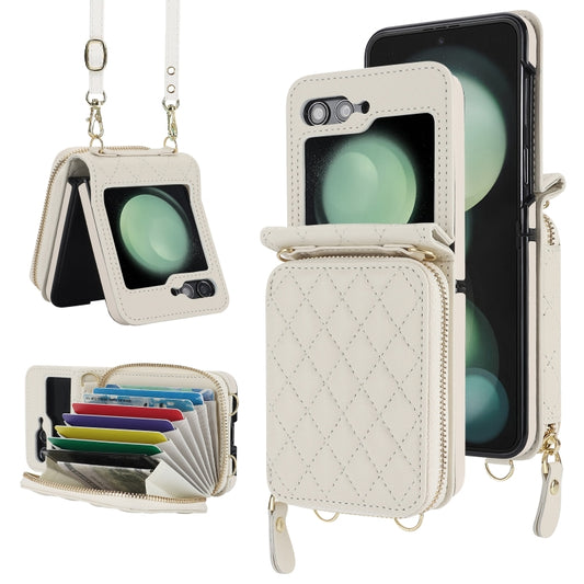 For Samsung Galaxy Z Flip6 Rhombic Texture Card Bag Phone Case with Dual Lanyard(White) - Galaxy Z Flip6 5G Cases by buy2fix | Online Shopping UK | buy2fix
