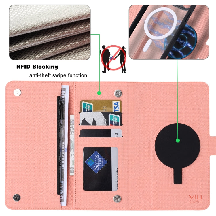 For iPhone 14 Pro Max ViLi GHB Series MagSafe Magnetic Zipper Leather Phone Case(Pink) - iPhone 14 Pro Max Cases by ViLi | Online Shopping UK | buy2fix