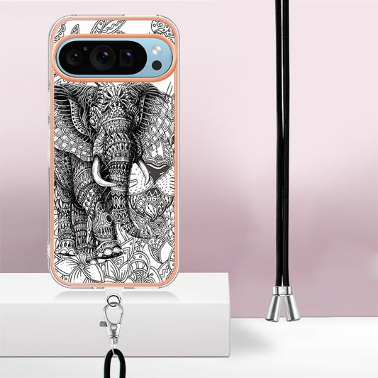 For Google Pixel 9 / 9 Pro Electroplating Dual-side IMD Phone Case with Lanyard(Totem Elephant) by buy2fix
