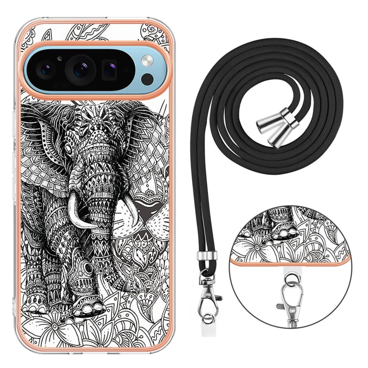 For Google Pixel 9 Pro XL Electroplating Dual-side IMD Phone Case with Lanyard(Totem Elephant) - Google Cases by buy2fix | Online Shopping UK | buy2fix