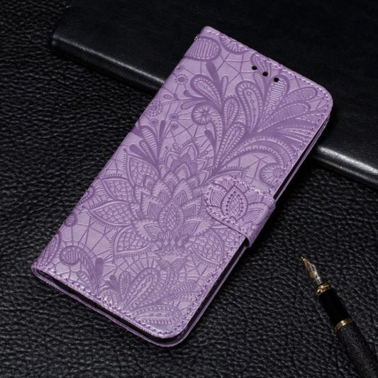 For iPhone 16 Lace Flower Embossing Flip Leather Phone Case(Purple) by buy2fix