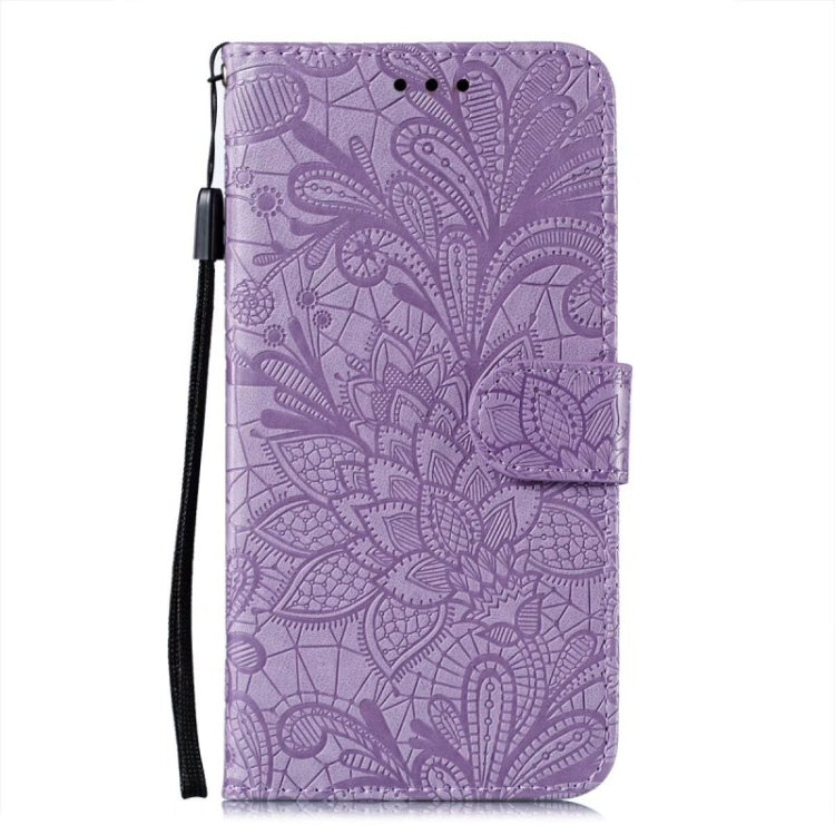 For iPhone 16 Lace Flower Embossing Flip Leather Phone Case(Purple) - iPhone 16 Cases by buy2fix | Online Shopping UK | buy2fix