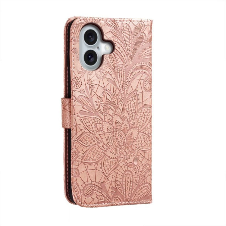 For iPhone 16 Lace Flower Embossing Flip Leather Phone Case(Rose Gold) - iPhone 16 Cases by buy2fix | Online Shopping UK | buy2fix