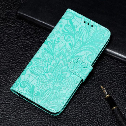 For iPhone 16 Lace Flower Embossing Flip Leather Phone Case(Green) by buy2fix