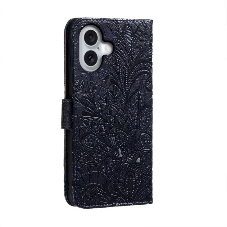 For iPhone 16 Lace Flower Embossing Flip Leather Phone Case(Dark Blue) - iPhone 16 Cases by buy2fix | Online Shopping UK | buy2fix