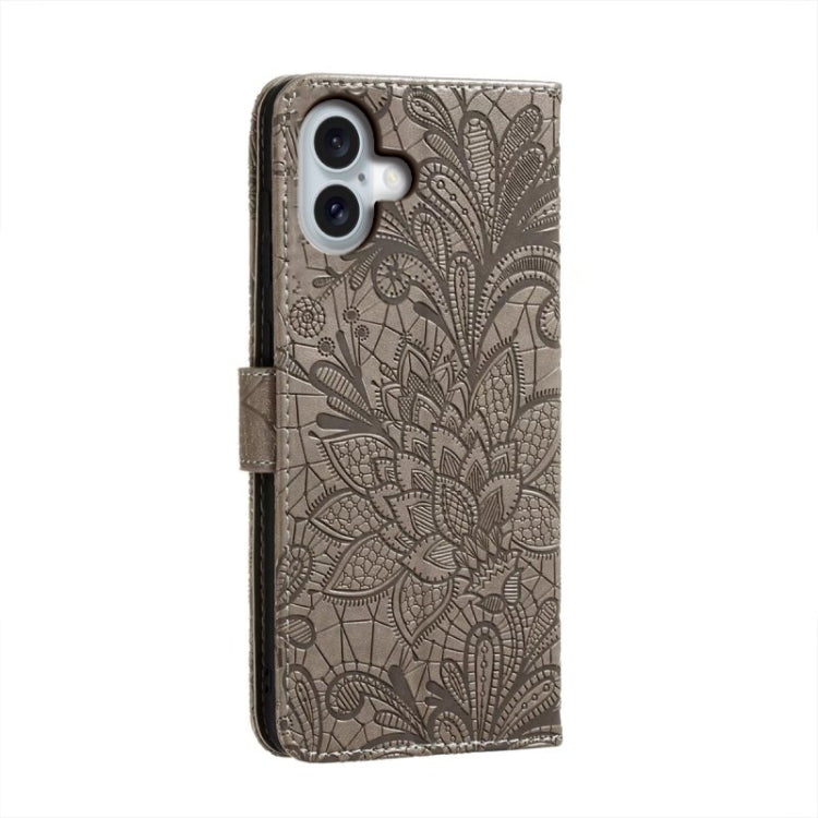 For iPhone 16 Plus Lace Flower Embossing Flip Leather Phone Case(Grey) - iPhone 16 Plus Cases by buy2fix | Online Shopping UK | buy2fix