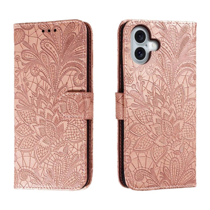 For iPhone 16 Plus Lace Flower Embossing Flip Leather Phone Case(Rose Gold) by buy2fix