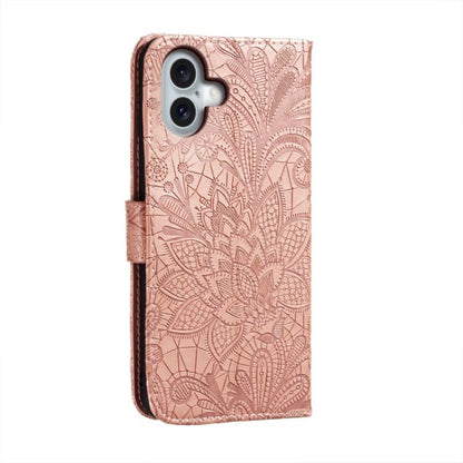 For iPhone 16 Plus Lace Flower Embossing Flip Leather Phone Case(Rose Gold) by buy2fix