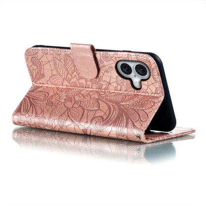 For iPhone 16 Plus Lace Flower Embossing Flip Leather Phone Case(Rose Gold) by buy2fix