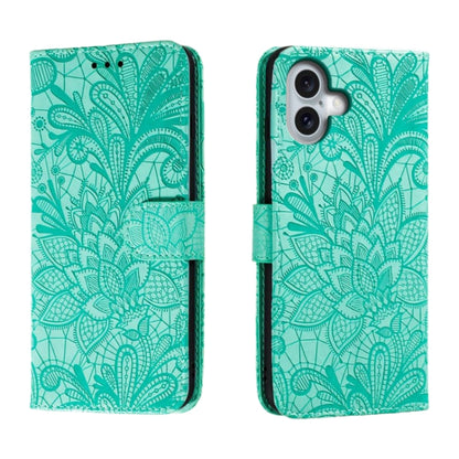 For iPhone 16 Plus Lace Flower Embossing Flip Leather Phone Case(Green) - iPhone 16 Plus Cases by buy2fix | Online Shopping UK | buy2fix