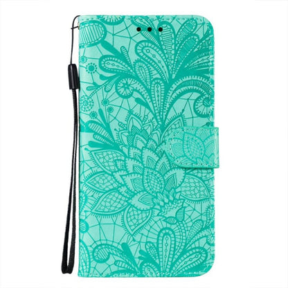 For iPhone 16 Plus Lace Flower Embossing Flip Leather Phone Case(Green) - iPhone 16 Plus Cases by buy2fix | Online Shopping UK | buy2fix