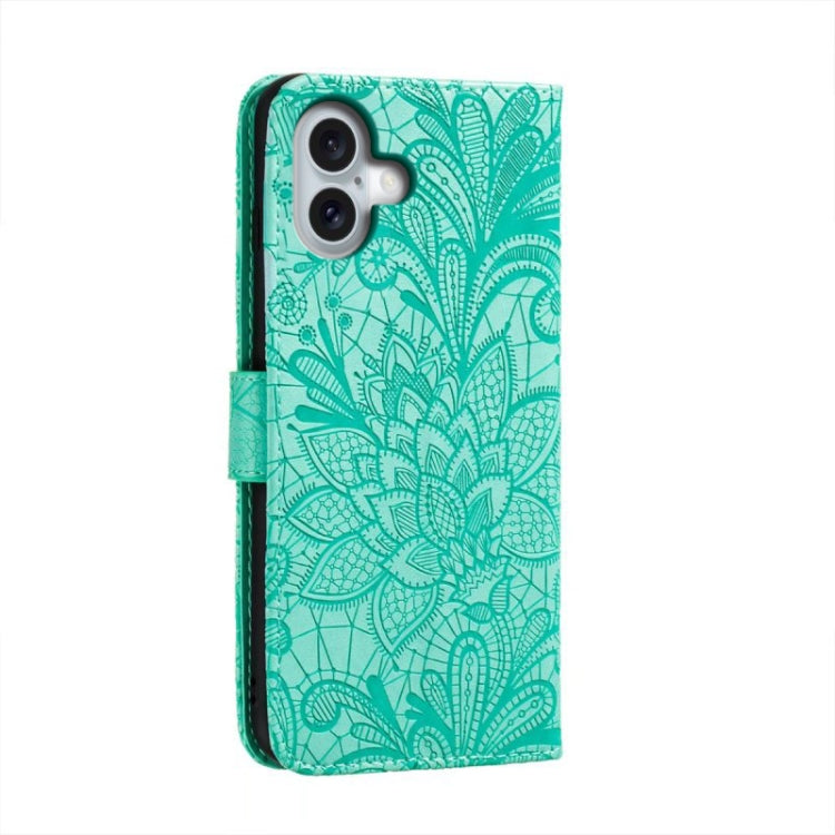 For iPhone 16 Plus Lace Flower Embossing Flip Leather Phone Case(Green) - iPhone 16 Plus Cases by buy2fix | Online Shopping UK | buy2fix