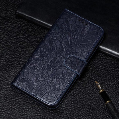 For iPhone 16 Plus Lace Flower Embossing Flip Leather Phone Case(Dark Blue) - iPhone 16 Plus Cases by buy2fix | Online Shopping UK | buy2fix