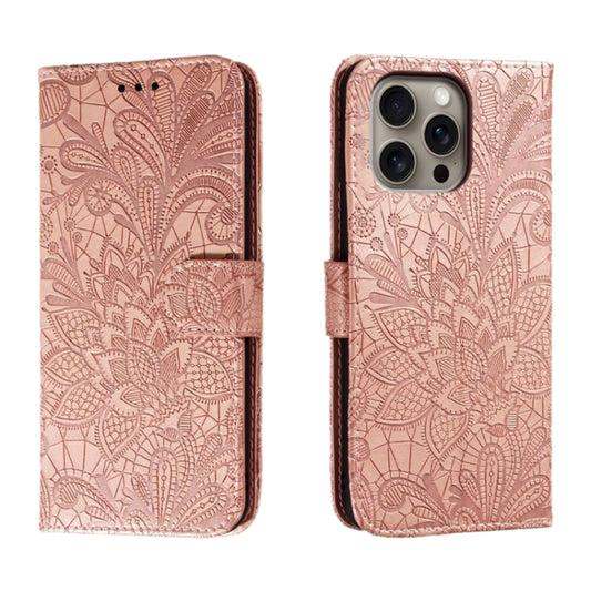 For iPhone 16 Pro Max Lace Flower Embossing Flip Leather Phone Case(Rose Gold) - iPhone 16 Pro Max Cases by buy2fix | Online Shopping UK | buy2fix