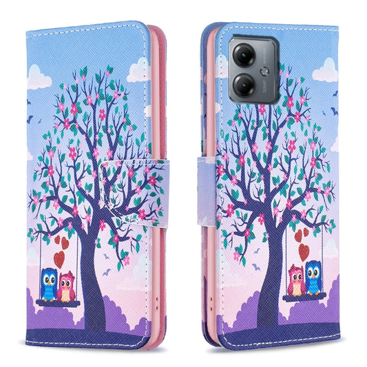 For Motorola Moto G14 4G Colored Drawing Pattern Leather Phone Case(Owl) - Motorola Cases by buy2fix | Online Shopping UK | buy2fix