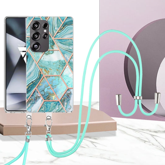 For Samsung Galaxy S25 Ultra 5G Electroplating IMD Splicing Dual-side Marble TPU Phone Case with Lanyard(Blue) by buy2fix