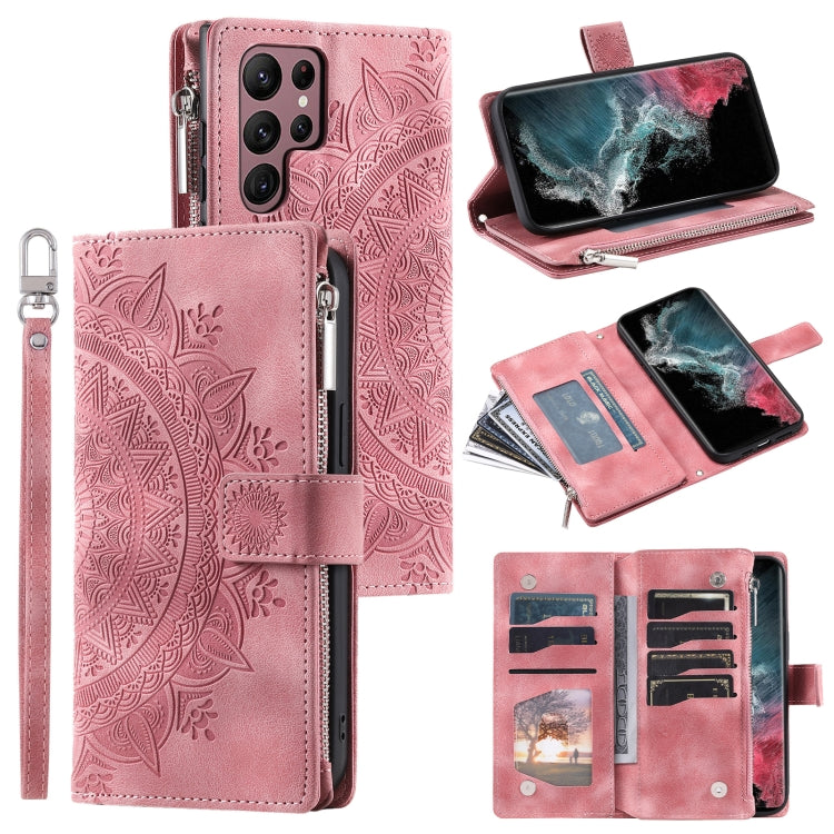 For Samsung Galaxy S23 Ultra 5G Multi-Card Totem Zipper Leather Phone Case(Pink) - Galaxy S23 Ultra 5G Cases by buy2fix | Online Shopping UK | buy2fix