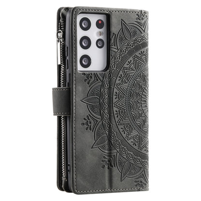 For Samsung Galaxy S21 Ultra 5G Multi-Card Totem Zipper Leather Phone Case(Grey) - Galaxy S21 Ultra 5G Cases by buy2fix | Online Shopping UK | buy2fix