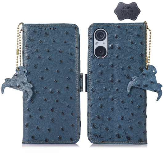For Sony Xperia 5 V Ostrich Pattern Genuine Leather RFID Phone Case(Blue) - Sony Cases by buy2fix | Online Shopping UK | buy2fix