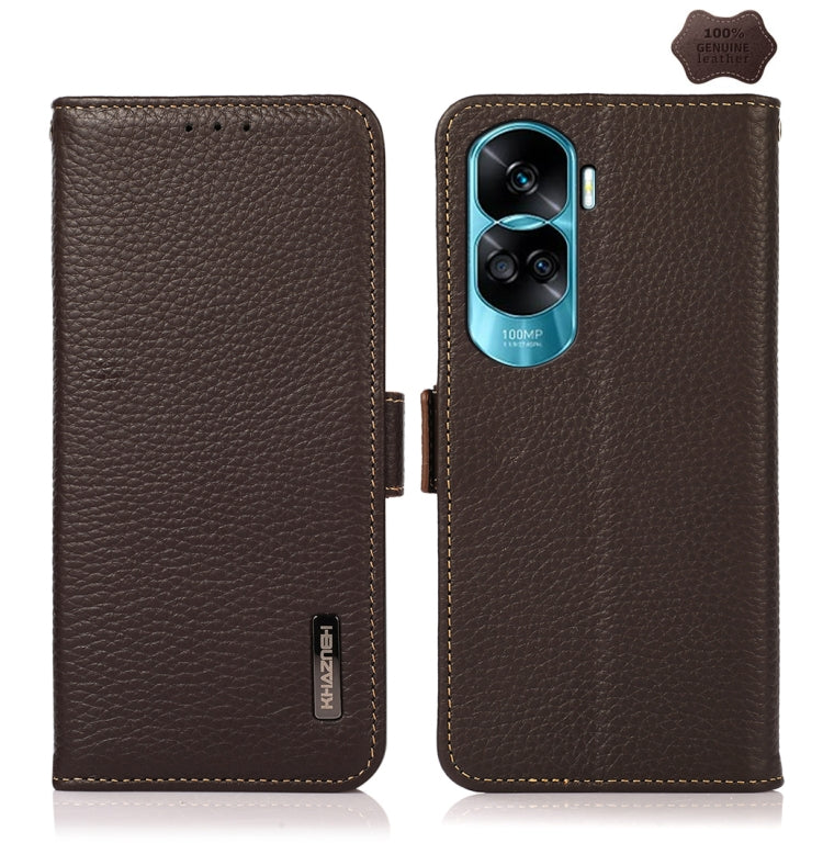 For Honor X50i 5G/90 Lite KHAZNEH Side-Magnetic Litchi Genuine Leather RFID Phone Case(Brown) - Honor Cases by buy2fix | Online Shopping UK | buy2fix