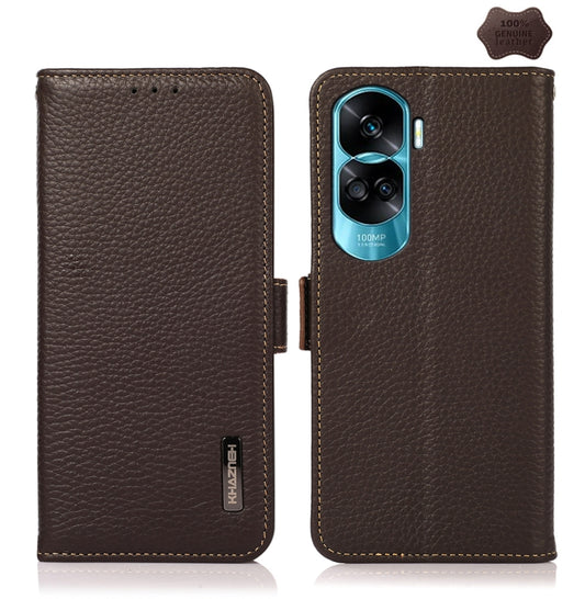 For Honor X50i 5G/90 Lite KHAZNEH Side-Magnetic Litchi Genuine Leather RFID Phone Case(Brown) - Honor Cases by buy2fix | Online Shopping UK | buy2fix