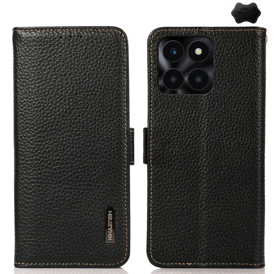For Honor X6A KHAZNEH Side-Magnetic Litchi Genuine Leather RFID Phone Case(Black) - Honor Cases by buy2fix | Online Shopping UK | buy2fix