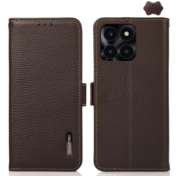 For Honor X6A KHAZNEH Side-Magnetic Litchi Genuine Leather RFID Phone Case(Brown) - Honor Cases by buy2fix | Online Shopping UK | buy2fix