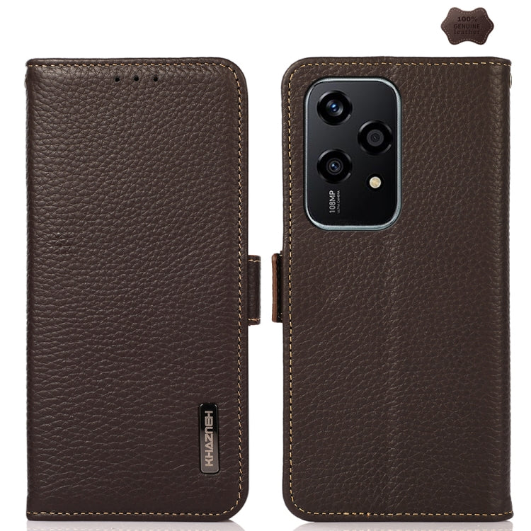 For Honor 200 Lite Global KHAZNEH Side-Magnetic Litchi Genuine Leather RFID Phone Case(Brown) - Honor Cases by buy2fix | Online Shopping UK | buy2fix