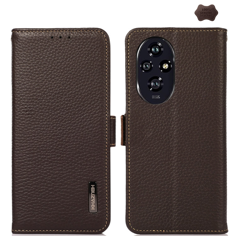 For Honor 200 KHAZNEH Side-Magnetic Litchi Genuine Leather RFID Phone Case(Brown) - Honor Cases by buy2fix | Online Shopping UK | buy2fix