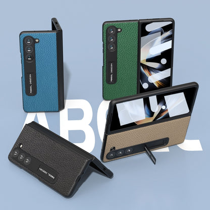For Samsung Galaxy Z Fold5 ABEEL Integrated Genuine Leather Litchi Texture Phone Case with Holder(Black) - Galaxy Z Fold5 Cases by buy2fix | Online Shopping UK | buy2fix