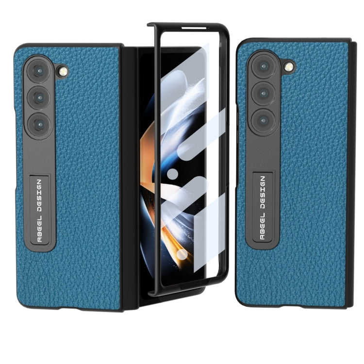 For Samsung Galaxy Z Fold5 ABEEL Integrated Genuine Leather Litchi Texture Phone Case with Holder(Blue) - Galaxy Z Fold5 Cases by buy2fix | Online Shopping UK | buy2fix