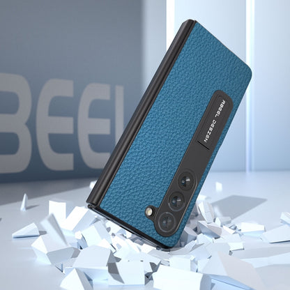 For Samsung Galaxy Z Fold5 ABEEL Integrated Genuine Leather Litchi Texture Phone Case with Holder(Blue) - Galaxy Z Fold5 Cases by buy2fix | Online Shopping UK | buy2fix