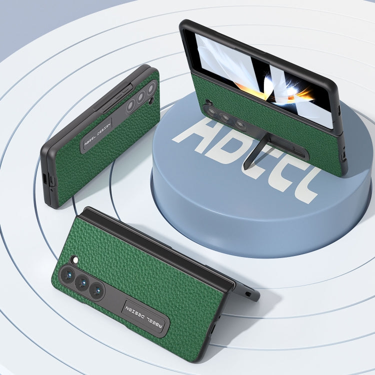 For Samsung Galaxy Z Fold5 ABEEL Integrated Genuine Leather Litchi Texture Phone Case with Holder(Green) - Galaxy Z Fold5 Cases by buy2fix | Online Shopping UK | buy2fix