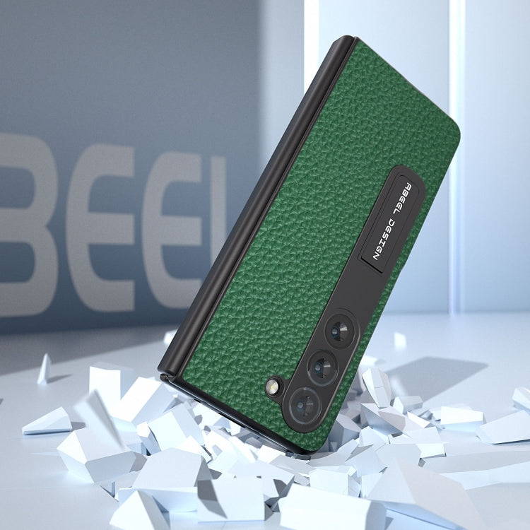 For Samsung Galaxy Z Fold5 ABEEL Integrated Genuine Leather Litchi Texture Phone Case with Holder(Green) - Galaxy Z Fold5 Cases by buy2fix | Online Shopping UK | buy2fix