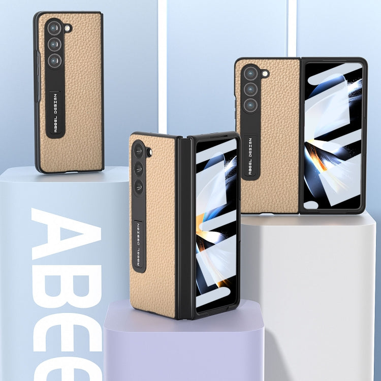 For Samsung Galaxy Z Fold5 ABEEL Integrated Genuine Leather Litchi Texture Phone Case with Holder(Grey) - Galaxy Z Fold5 Cases by buy2fix | Online Shopping UK | buy2fix