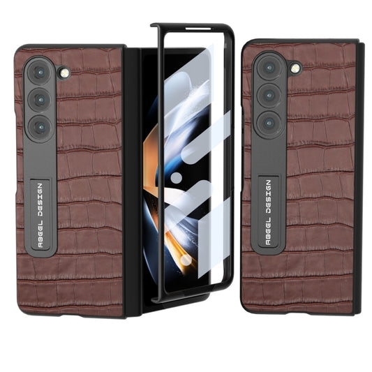 For Samsung Galaxy Z Fold5 ABEEL Integrated Crocodile Texture Genuine Leather Phone Case with Holder(Brown) - Galaxy Z Fold5 Cases by buy2fix | Online Shopping UK | buy2fix