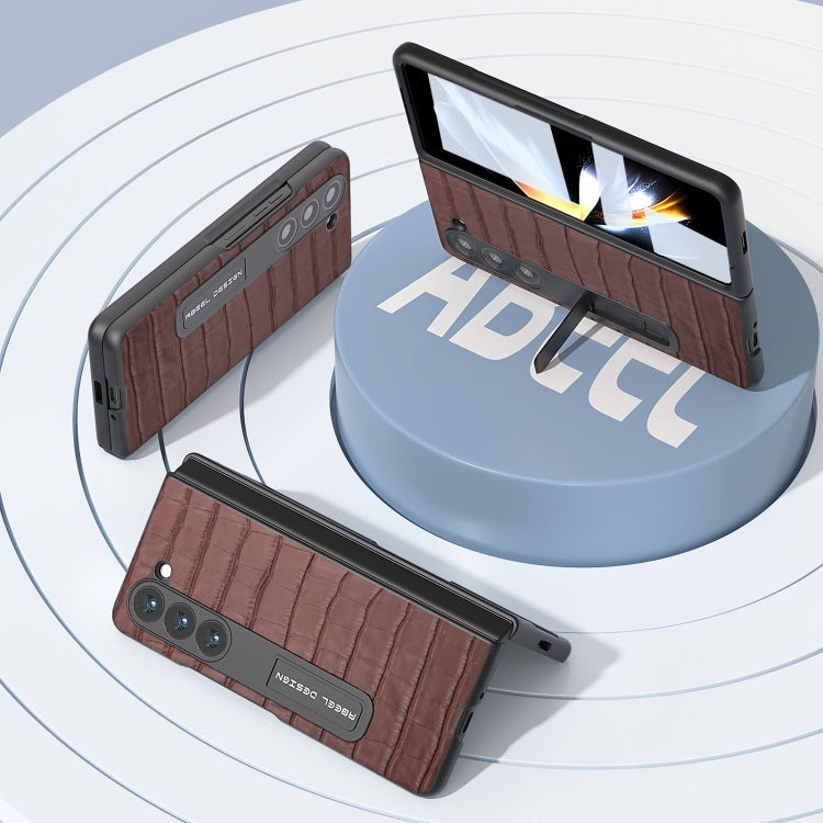 For Samsung Galaxy Z Fold5 ABEEL Integrated Crocodile Texture Genuine Leather Phone Case with Holder(Brown) - Galaxy Z Fold5 Cases by buy2fix | Online Shopping UK | buy2fix