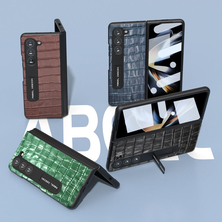 For Samsung Galaxy Z Fold5 ABEEL Integrated Crocodile Texture Genuine Leather Phone Case with Holder(Brown) - Galaxy Z Fold5 Cases by buy2fix | Online Shopping UK | buy2fix