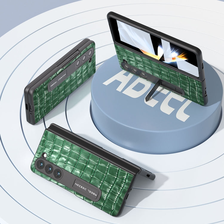 For Samsung Galaxy Z Fold5 ABEEL Integrated Crocodile Texture Genuine Leather Phone Case with Holder(Green) - Galaxy Z Fold5 Cases by buy2fix | Online Shopping UK | buy2fix